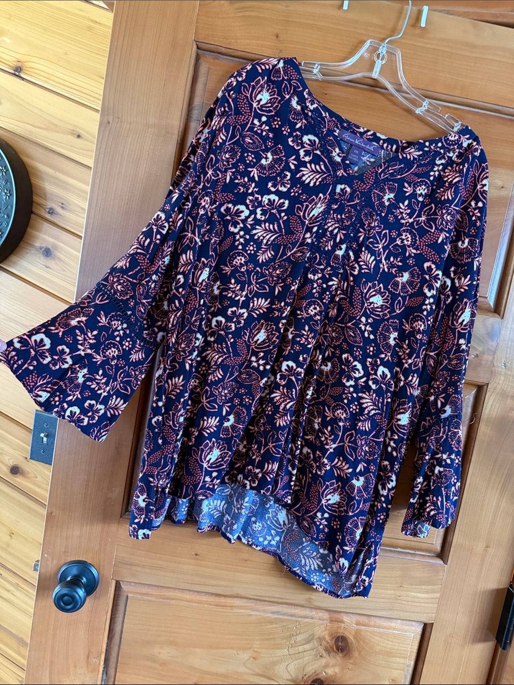 Gloria Vanderbilt Women's Floral V-Neck Long Sleeve Top - Navy with Pink Floral